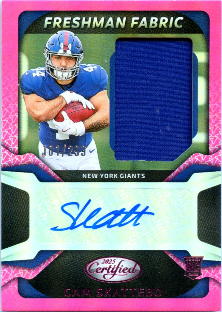 Cam Skattebo RC 2025 Panini Certified Pink Freshman Fabric Rookie Patch Auto SP 101/299-1