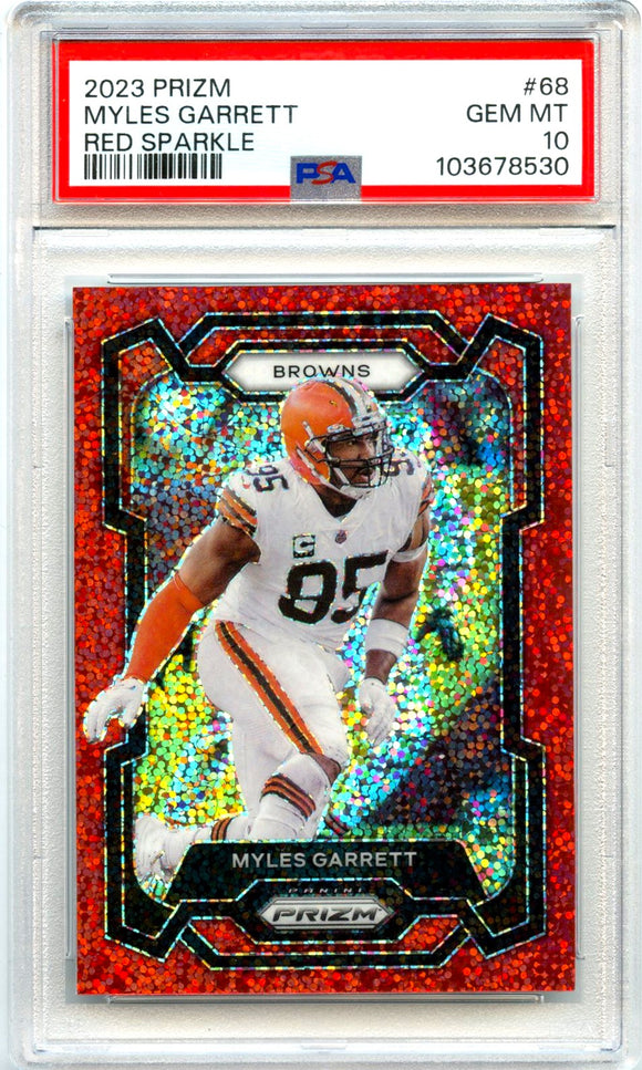 Product Myles Garrett 2023 Panini Prizm Red Sparkle #68 PSA 10 Link