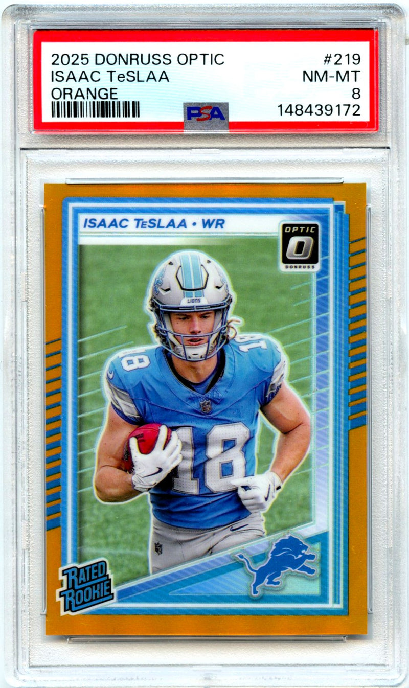 Isaac Teslaa RC 2025 Donruss Optic Orange Rated Rookie SP 169/299 PSA 8-1