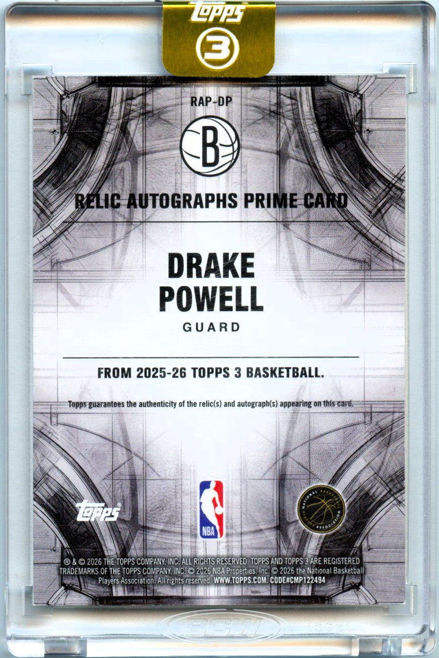 Drake Powell RC 2025-26 Topps 3 Rookie Jersey Patch Auto SP 1/25