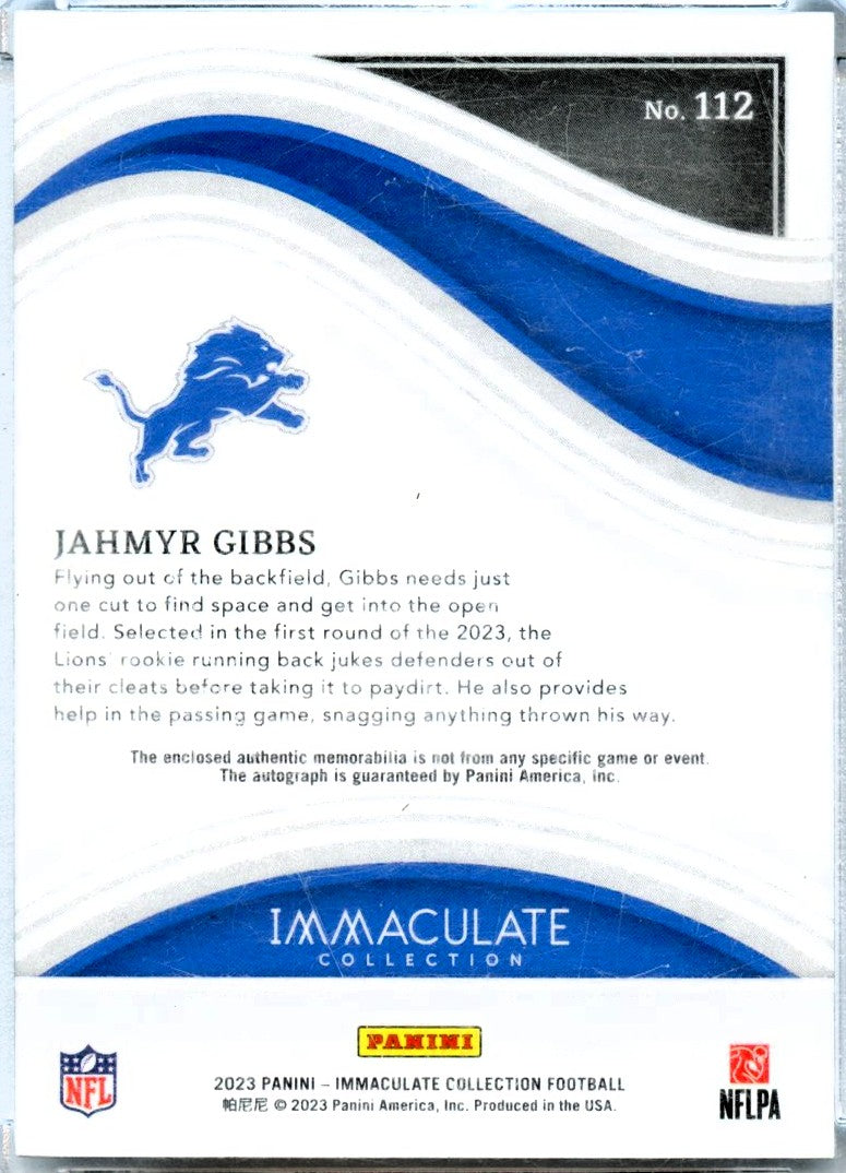 Jahmyr Gibbs RC 2023 Immaculate Gold Rookie Patch Auto SP 11/99-2