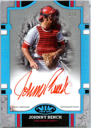 Johnny Bench 2024 Topps Tier One Platinum Red Ink Auto SP 1/1