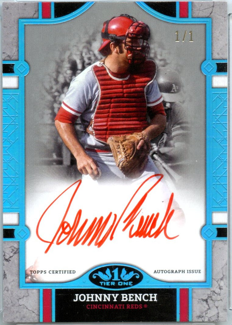 Johnny Bench 2024 Topps Tier One Platinum Red Ink Auto SP 1/1-1
