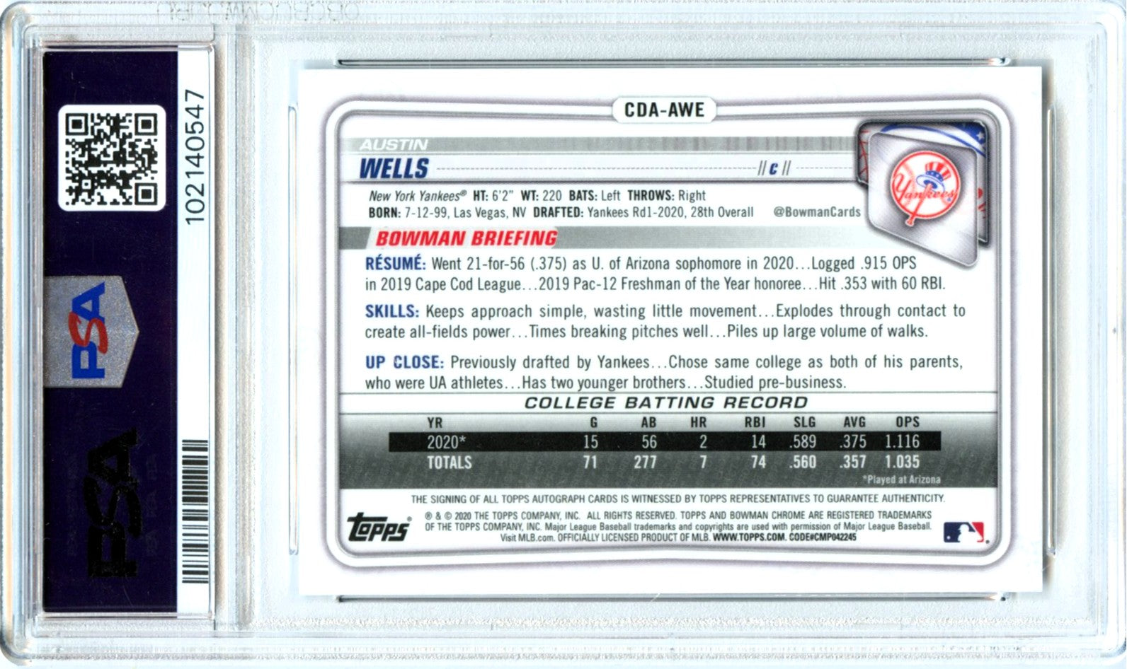 Austin Wells RC 2020 1st Bowman Chrome Prospect Rookie Auto PSA 10-2
