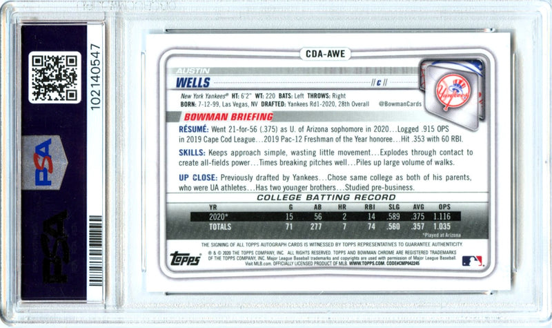 Austin Wells RC 2020 1st Bowman Chrome Prospect Rookie Auto PSA 10-2