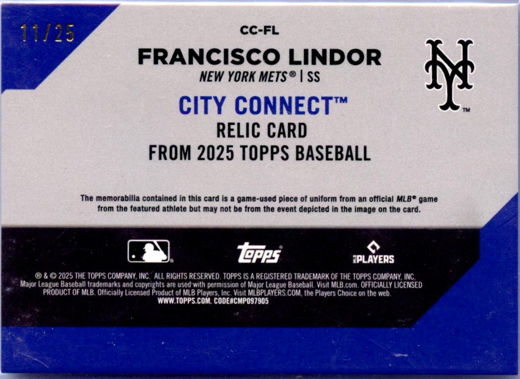 Francisco Lindor 2025 Topps Orange City Connect Game Used Patch SP 11/25