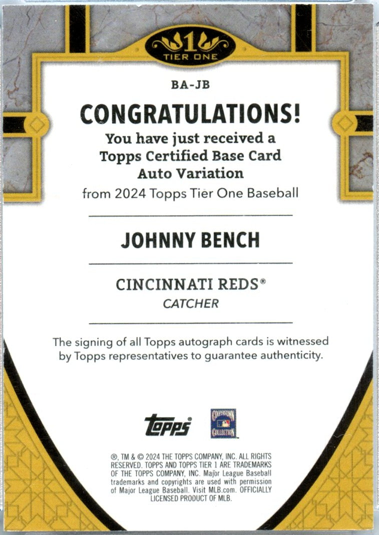 Johnny Bench 2024 Topps Tier One Platinum Red Ink Auto SP 1/1-2