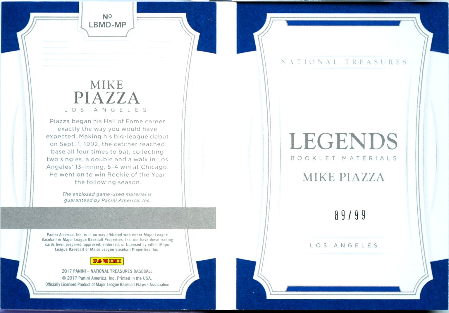 Mike Piazza 2017 National Treasures Booklet Dual Game Used Patch SP 89/99