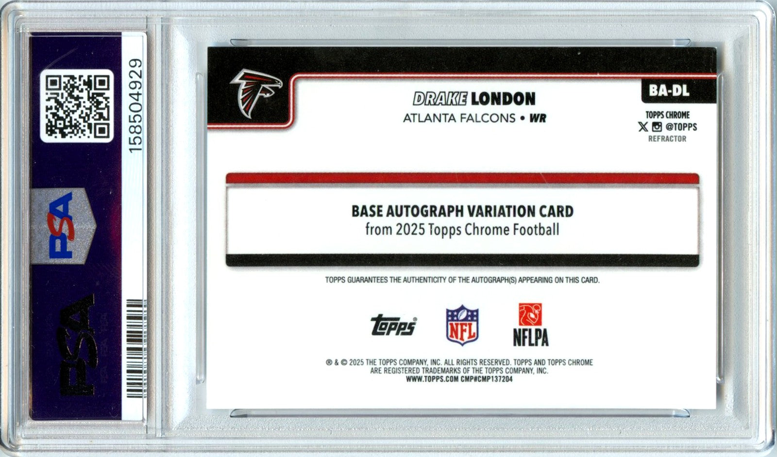 Drake London 2025 Topps Chrome Refractor Auto SP 63/499 PSA 10-2