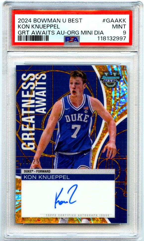 Product Kon Knueppel RC 2024-25 Bowman U Best Orange Mini Diamond Greatness Awaits Rookie Auto SP 10/25 PSA 9 Link