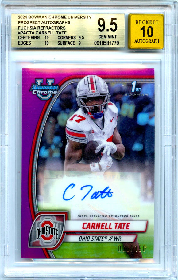 Product Carnell Tate RC 2024 Bowman University Chrome Fuchsia Rookie Auto SP 66/150 BGS 9.5 Link