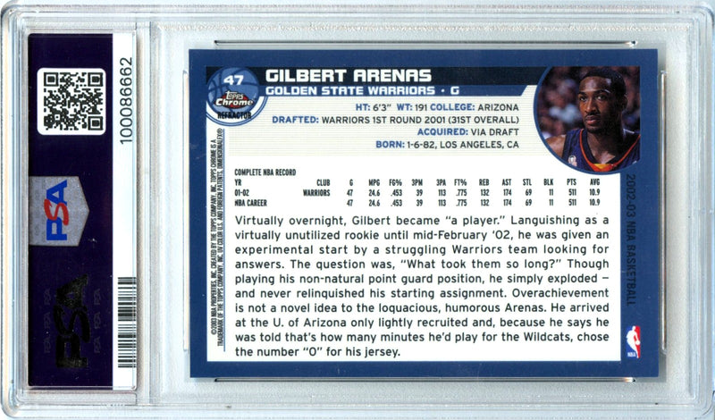 Gilbert Arenas 2002-03 Topps Chrome Refractor #47 PSA 10-2