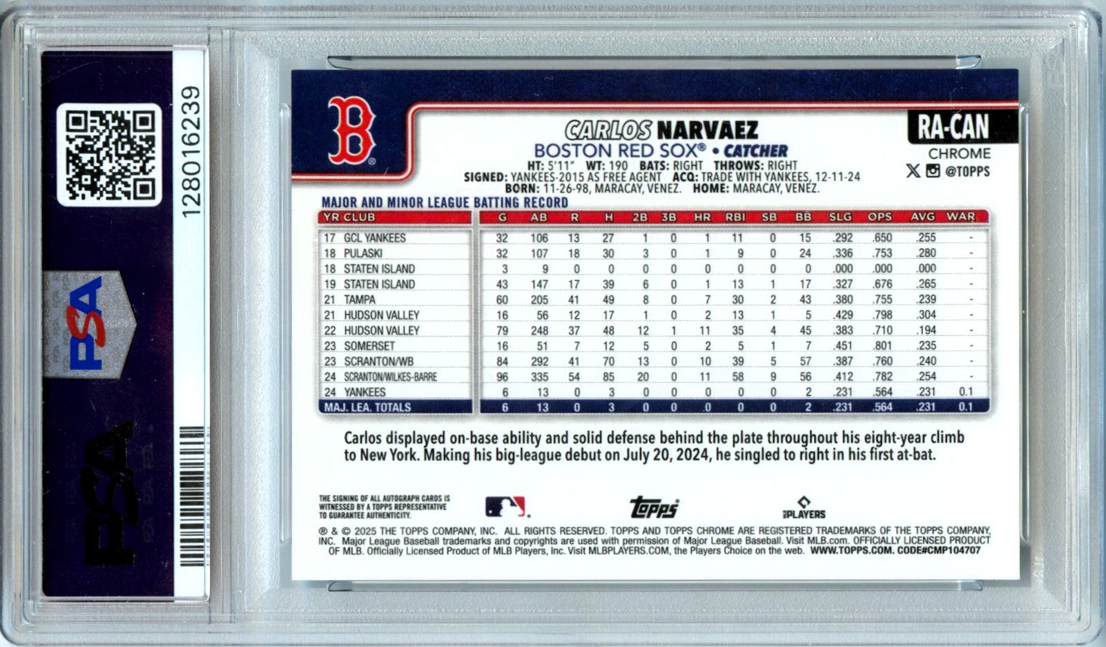 Carlos Narvaez RC 2025 Topps Chrome Black White Mini Diamond Rookie Auto PSA 9