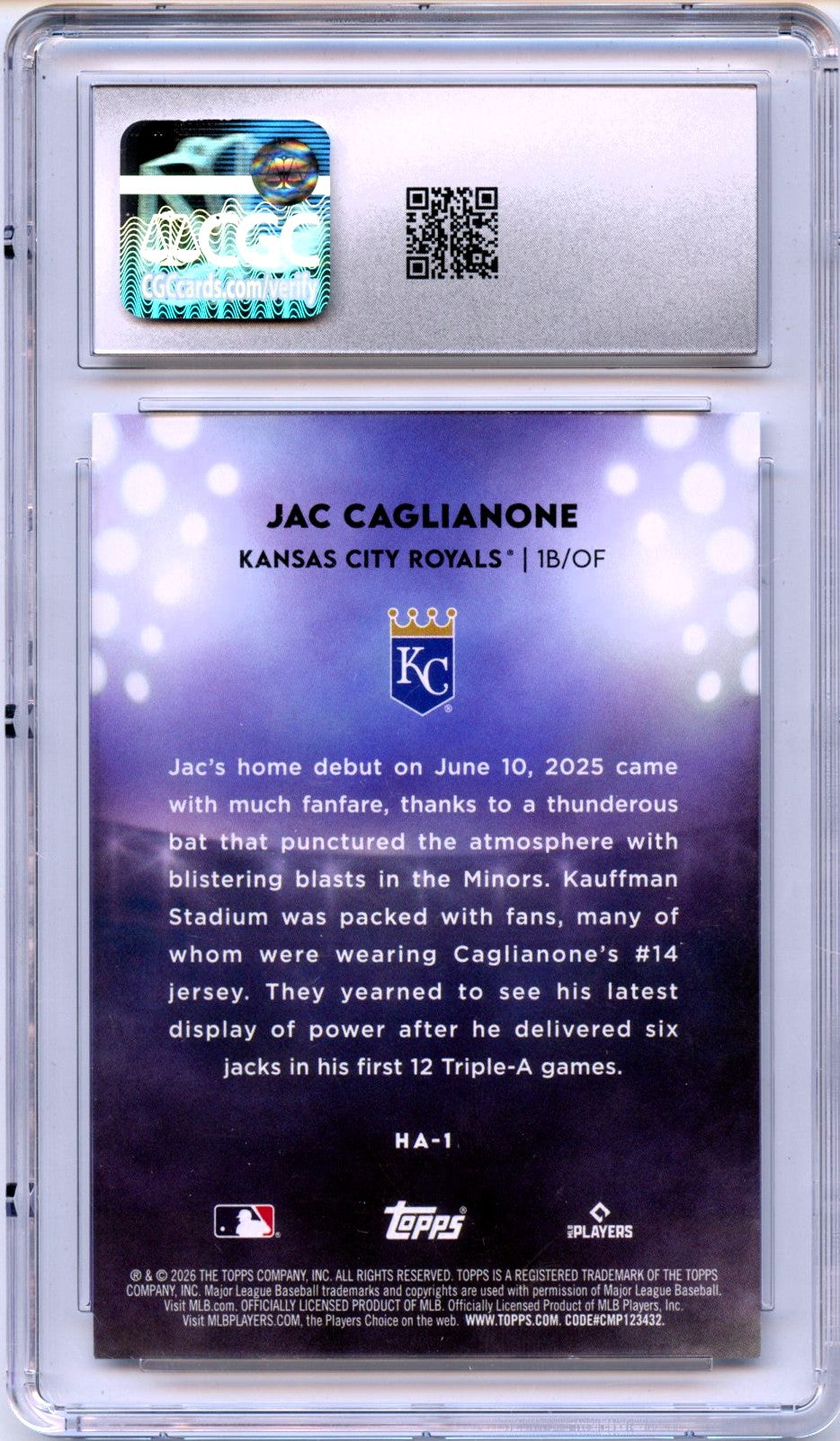 Jac Caglianone RC 2026 Topps Home Field Advantage Rookie SSP CGC 9-2