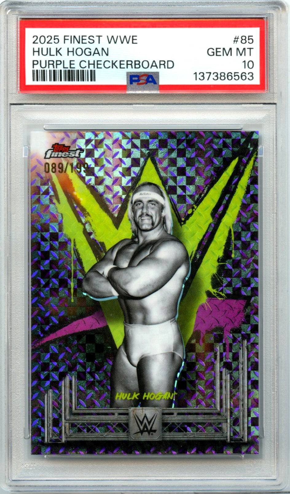 Hulk Hogan 2025 Topps Finest WWE Purple Checkerboard Refractor SP 89/199 PSA 10