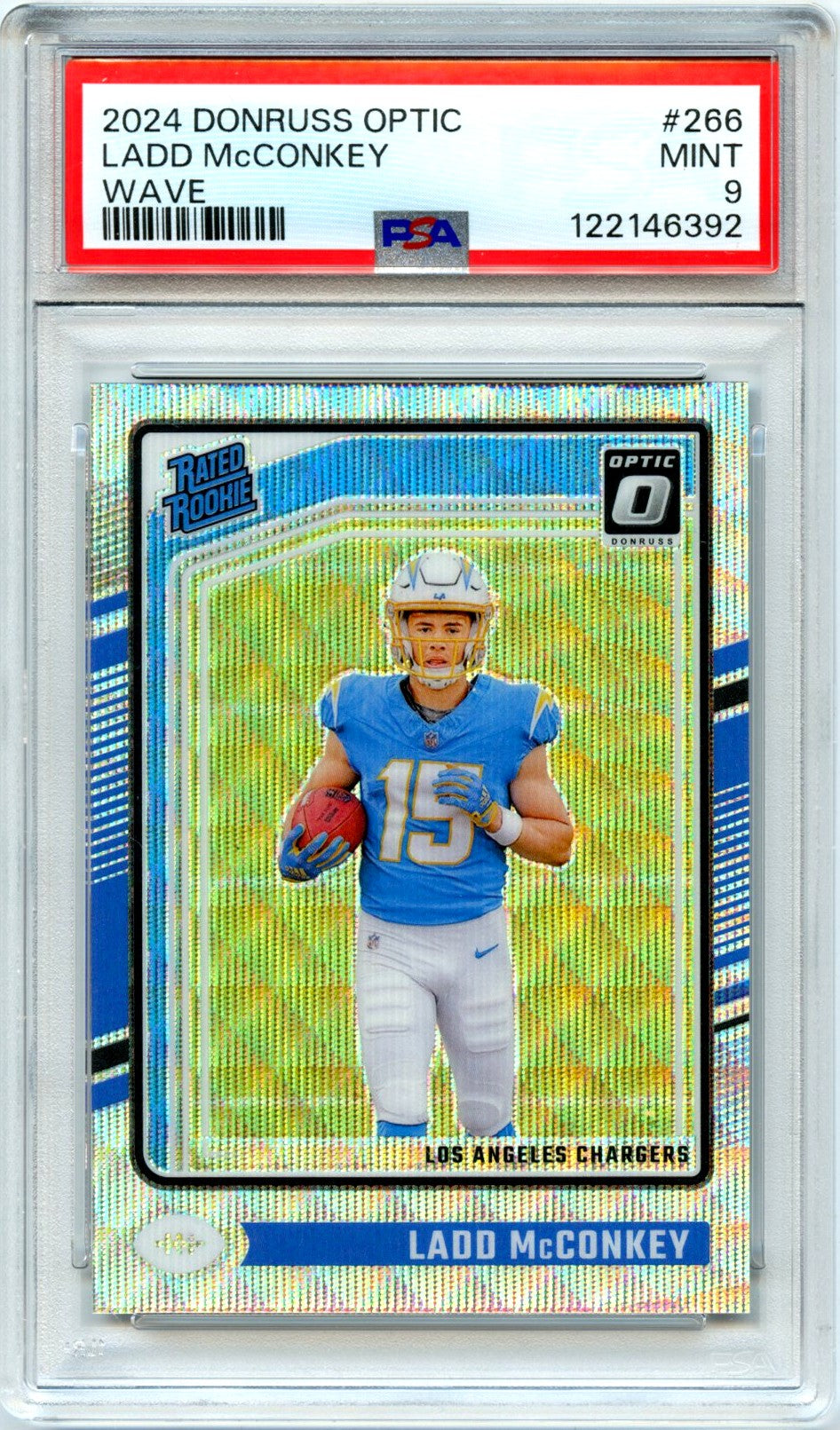 Ladd Mcconkey RC 2024 Donruss Optic Wave Rated Rookie SP 286/300 PSA 9