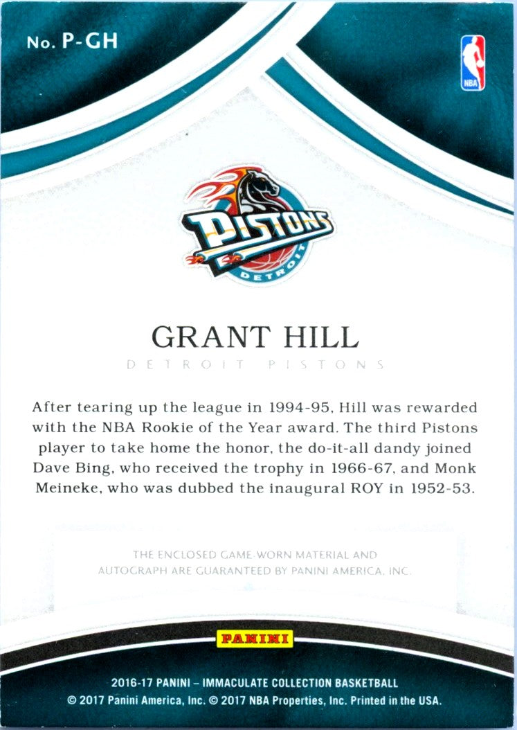Grant Hill 2016-17 Immaculate Game Used Patch Auto SP 7/40-2