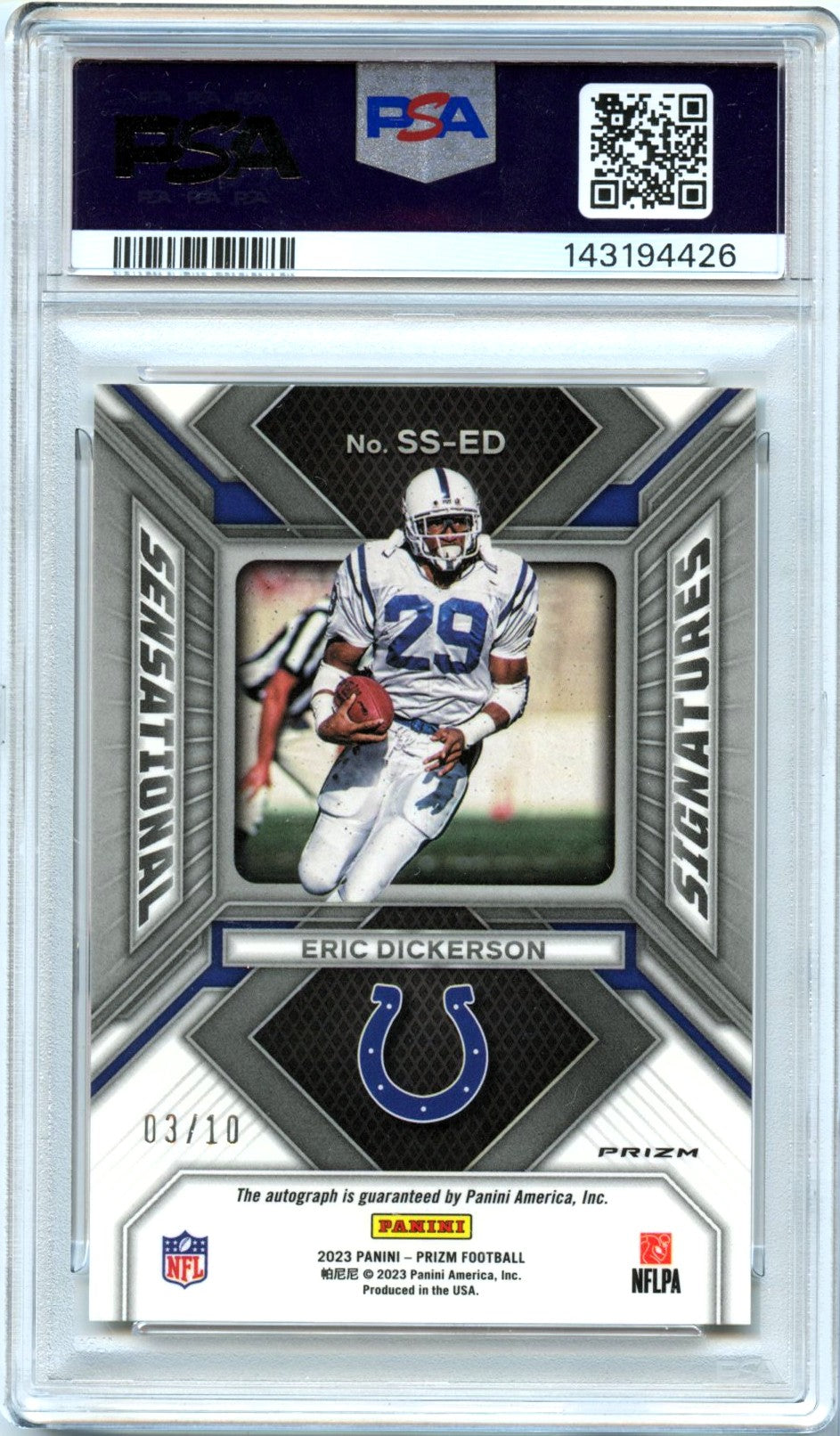 Eric Dickerson 2023 Panini Prizm Gold Sensational Auto SP 3/10 PSA 10-2