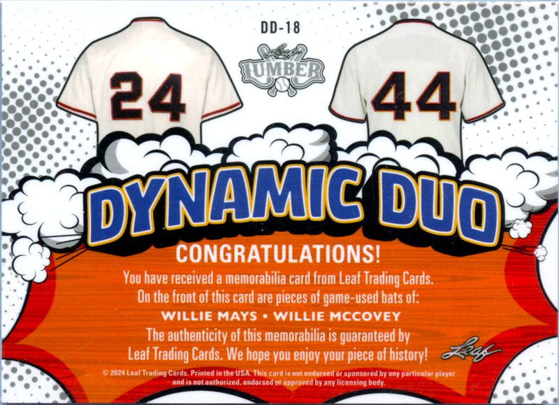 Willie Mays Willie Mccovey 2024 Leaf Lumber Dynamic Duo Game Used Bat Piece SP 1/1-2