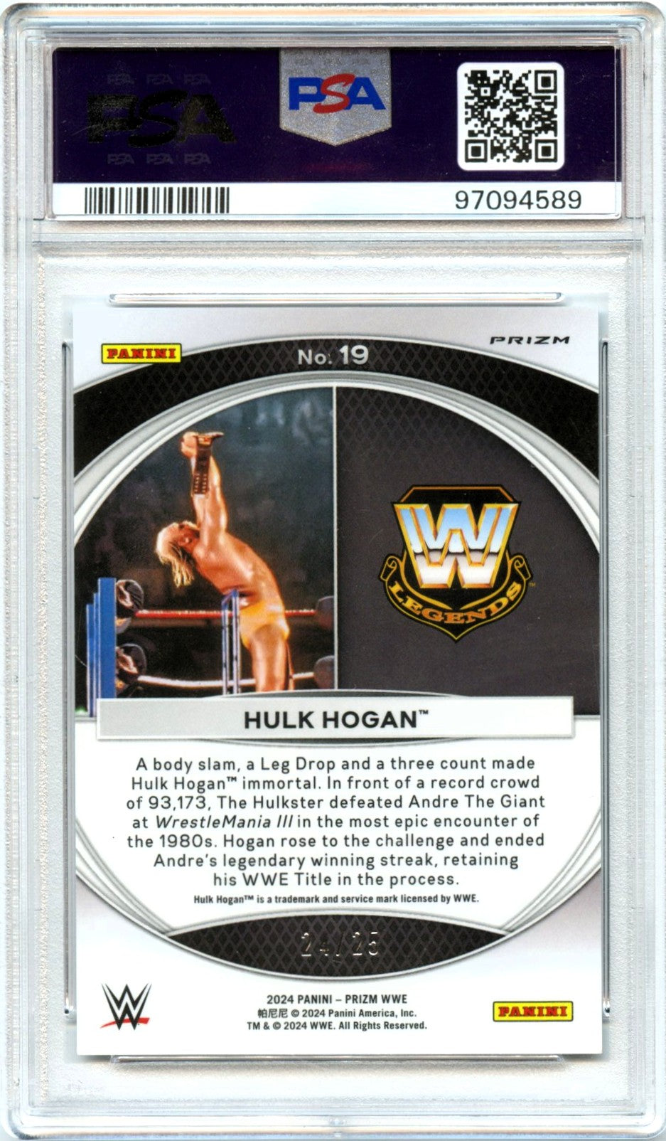 Hulk Hogan 2024 Panini Prizm WWE Mojo Wrestlemania Moments SP 24/25 PSA 9