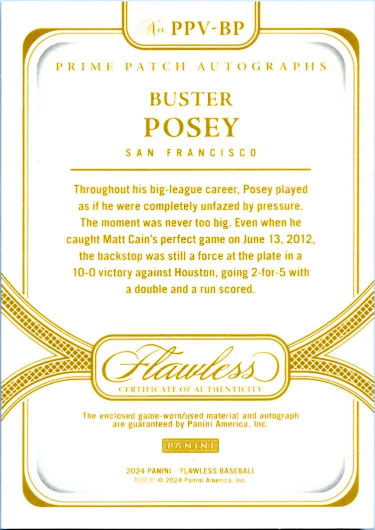 Buster Posey 2024 Flawless Holo Gold Game Used Patch Auto SP 4/10-2
