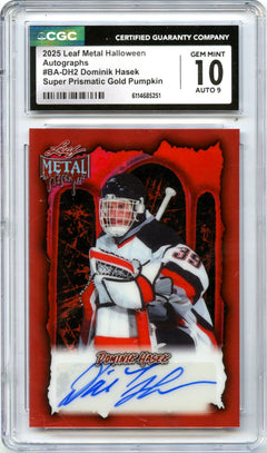 Dominik Hasek 2025 Leaf Metal Halloween Red Drip Auto SP 3/13 CGC 10-1