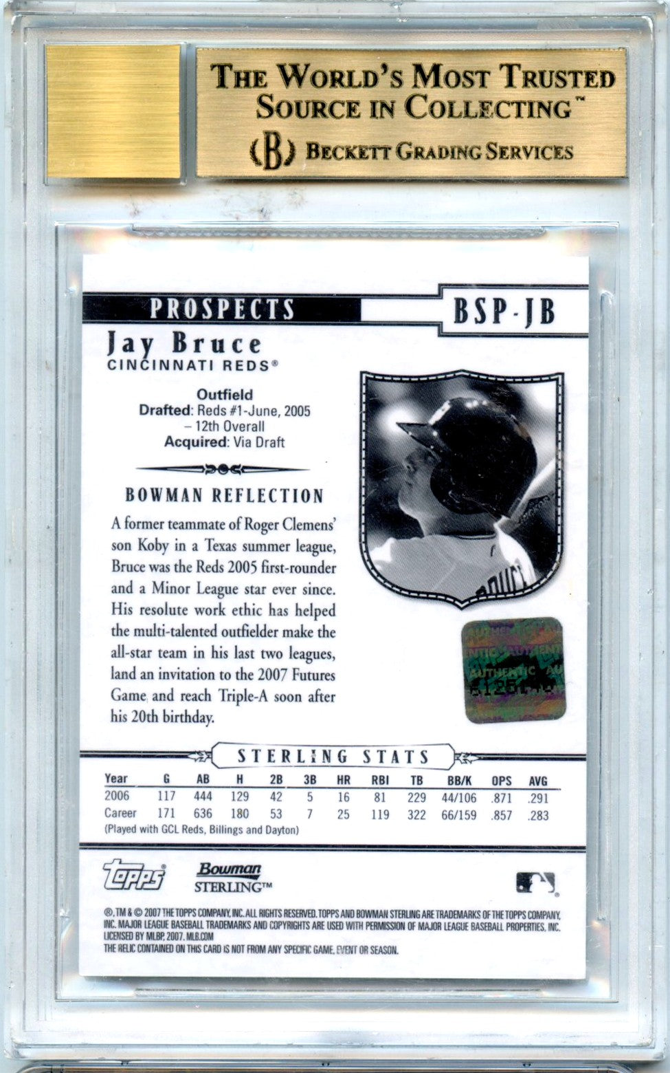 Jay Bruce RC 2007 Bowman Sterling Prospect Game Used Rookie Patch Auto BGS 9.5-2