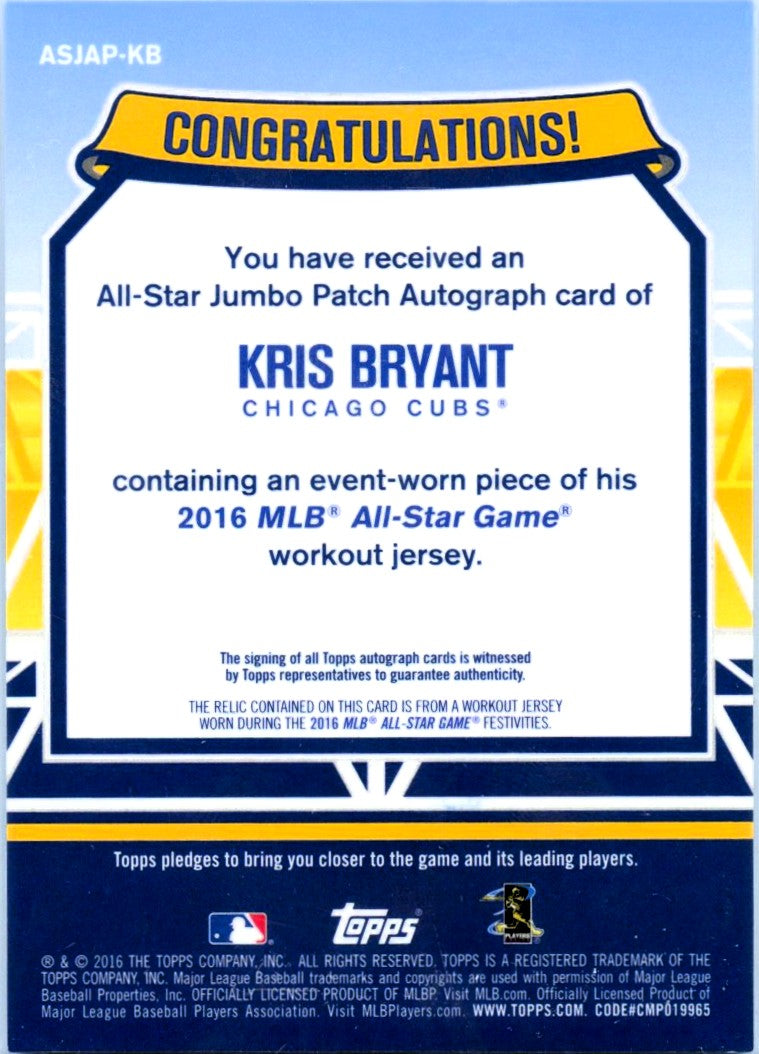 Kris Bryant 2016 Topps All Star Game Event Used Patch Auto SP 6/6-2
