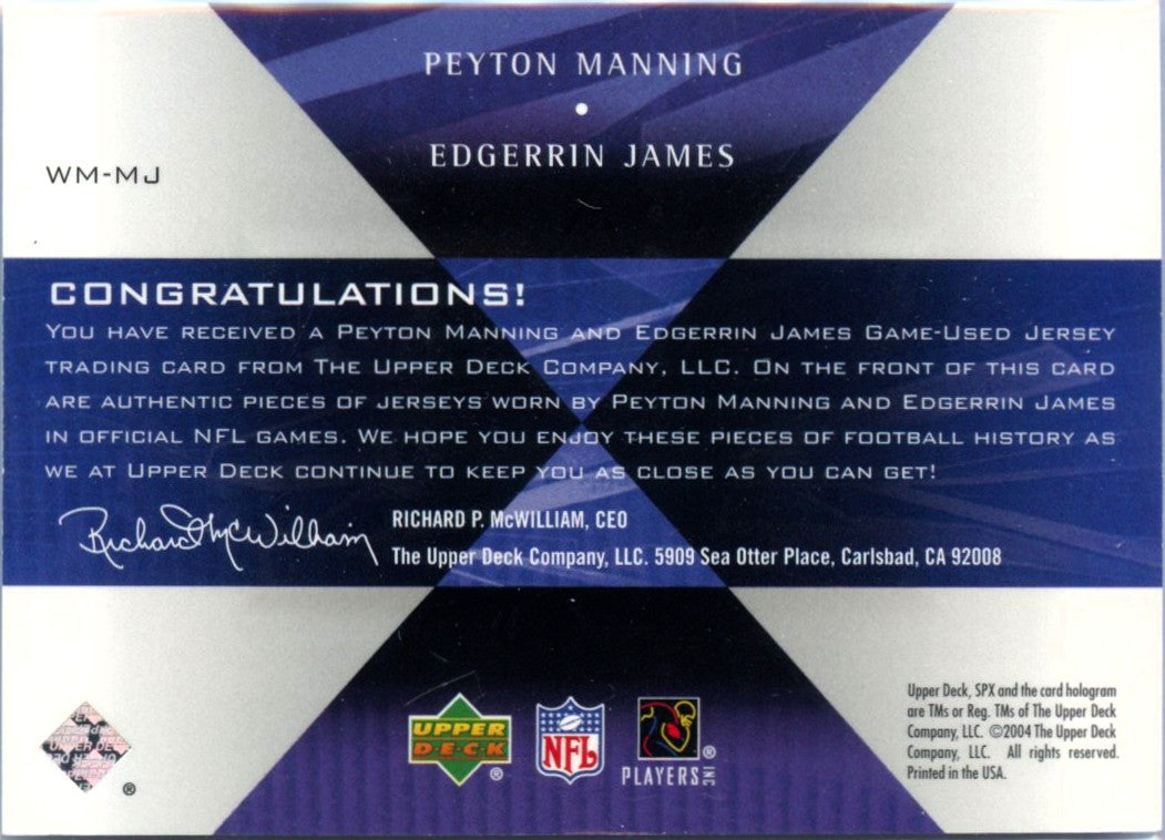 Peyton Manning Edgerrin James 2004 Upper Deck Winning Materials Dual Game Used Patch