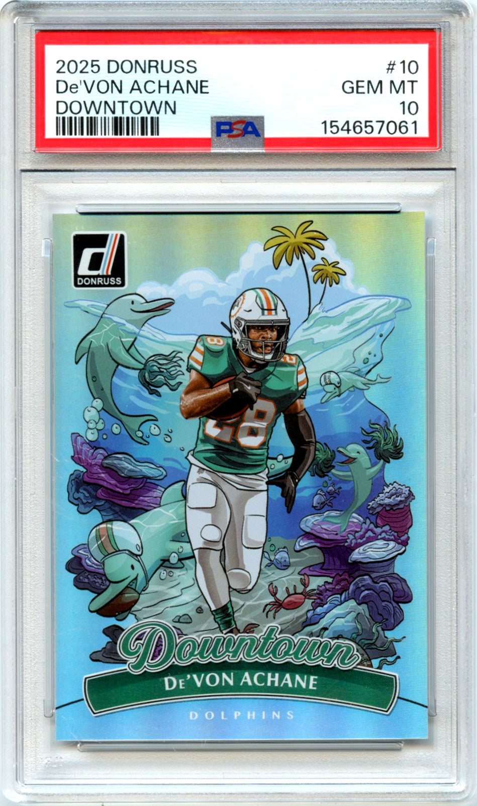 De'von Achane 2025 Donruss Downtown! Case Hit SSP #10 PSA 10