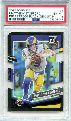 Matthew Stafford 2023 Donruss Black Die Cut Press Proof SP 1/1 PSA 8