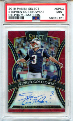 Stephen Gostkowski 2019 Panini Select Maroon Prizm Auto SP 49/49 PSA 9-1