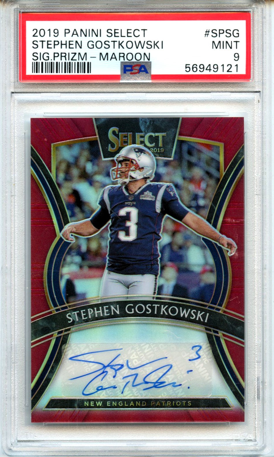 Stephen Gostkowski 2019 Panini Select Maroon Prizm Auto SP 49/49 PSA 9
