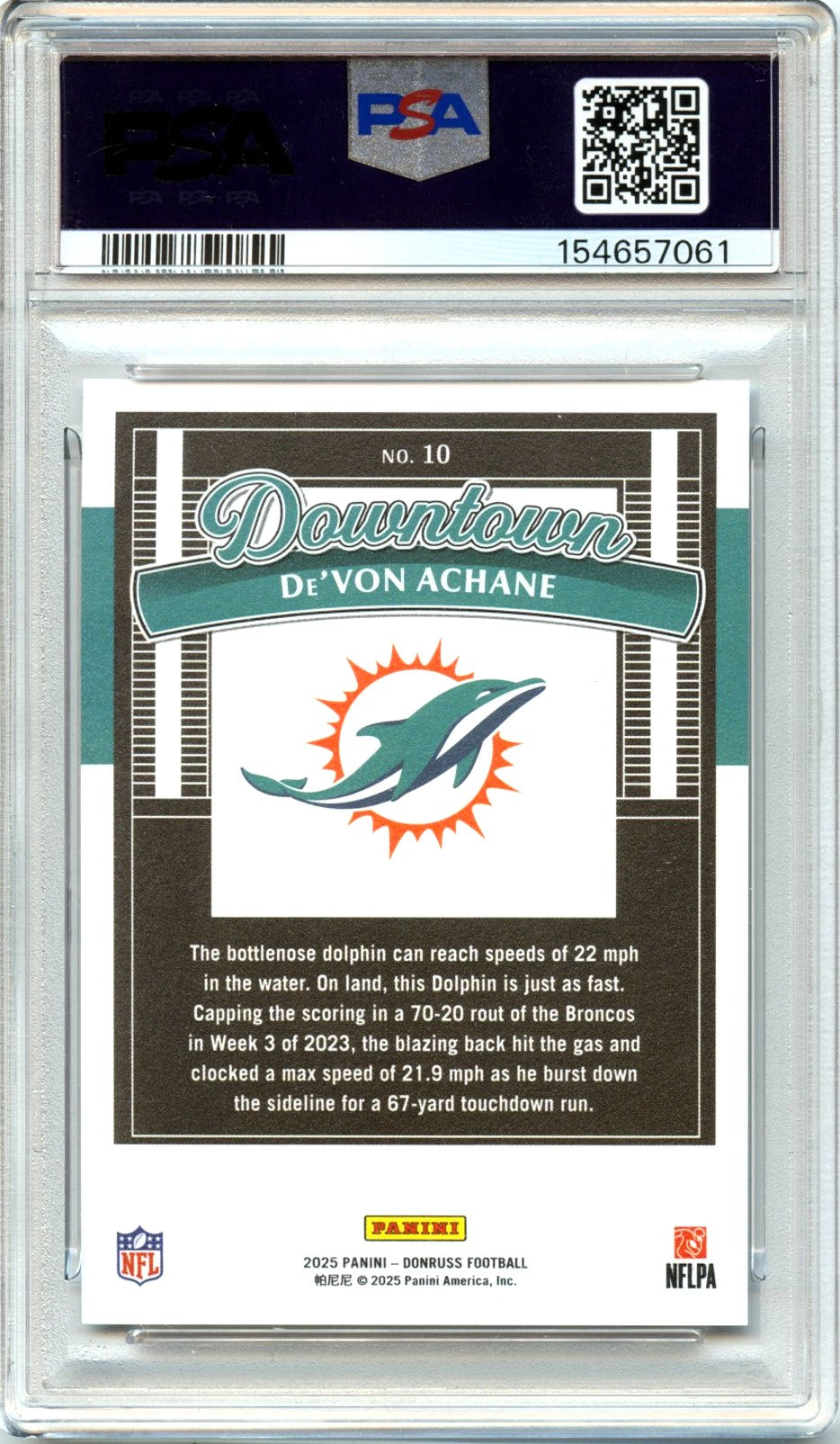 De'von Achane 2025 Donruss Downtown! Case Hit SSP #10 PSA 10-2