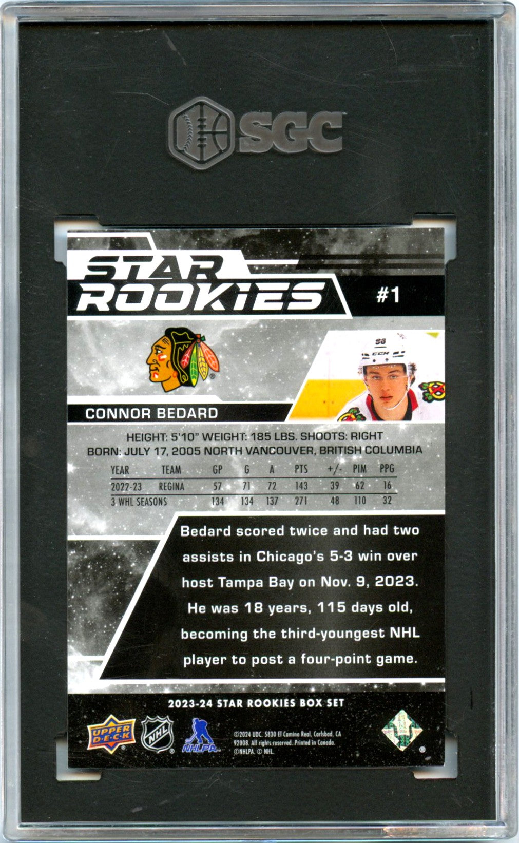 Connor Bedard RC 2023-24 Upper Deck Star Rookie #1 SGC 9.5-2