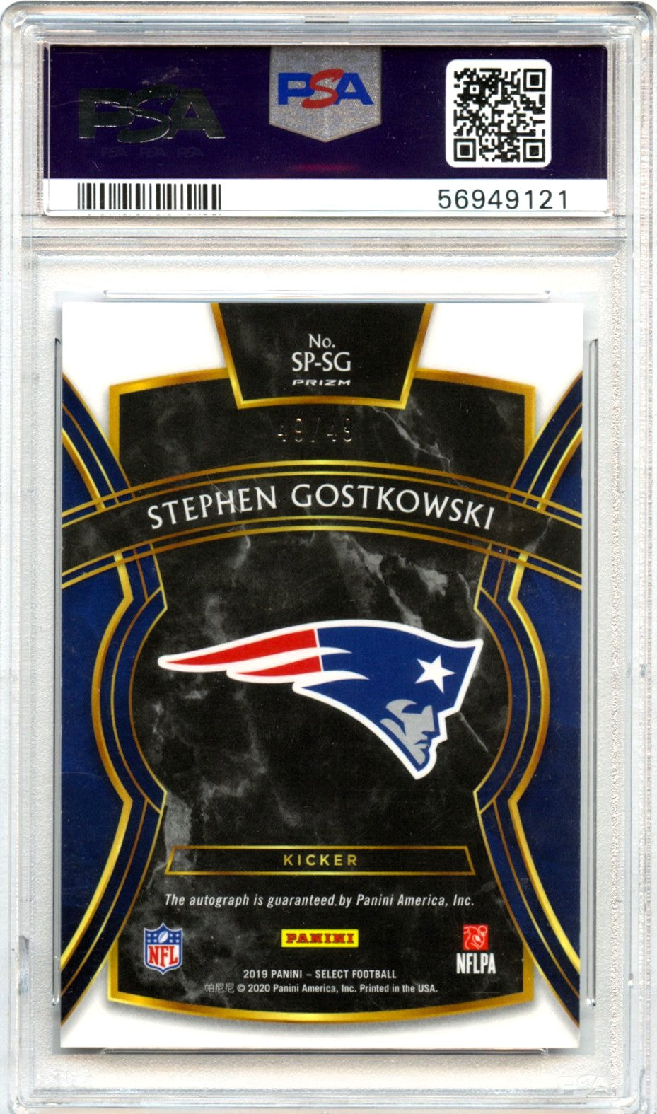 Stephen Gostkowski 2019 Panini Select Maroon Prizm Auto SP 49/49 PSA 9