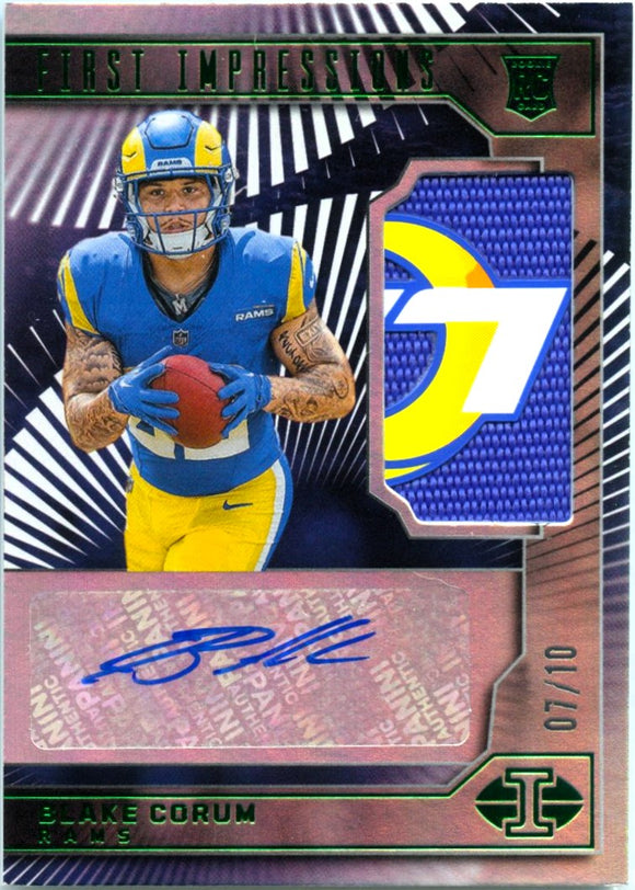 Product Blake Corum RC 2023 Panini Illusions Green First Impressions Rookie Patch Auto SP 7/10 Link