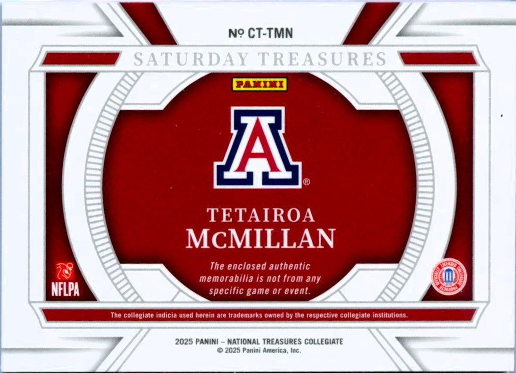 Tetairoa Mcmillan RC 2025 National Treasures Collegiate Gold Dual Rookie Patch SP 6/10-2
