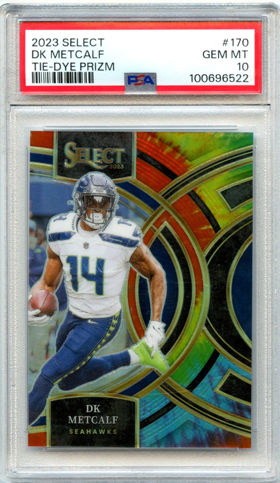 Dk Metcalf 2023 Panini Select Premier Level Tie Dye Prizm SP 13/25 PSA 10