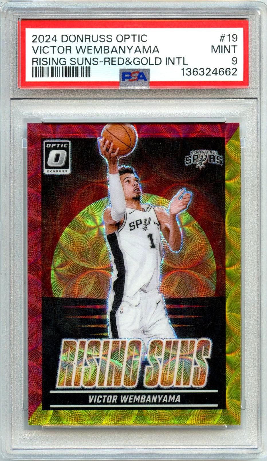 Victor Wembanyama 2024-25 Donruss Optic Red Gold International Rising Suns SP 86/99 PSA 9