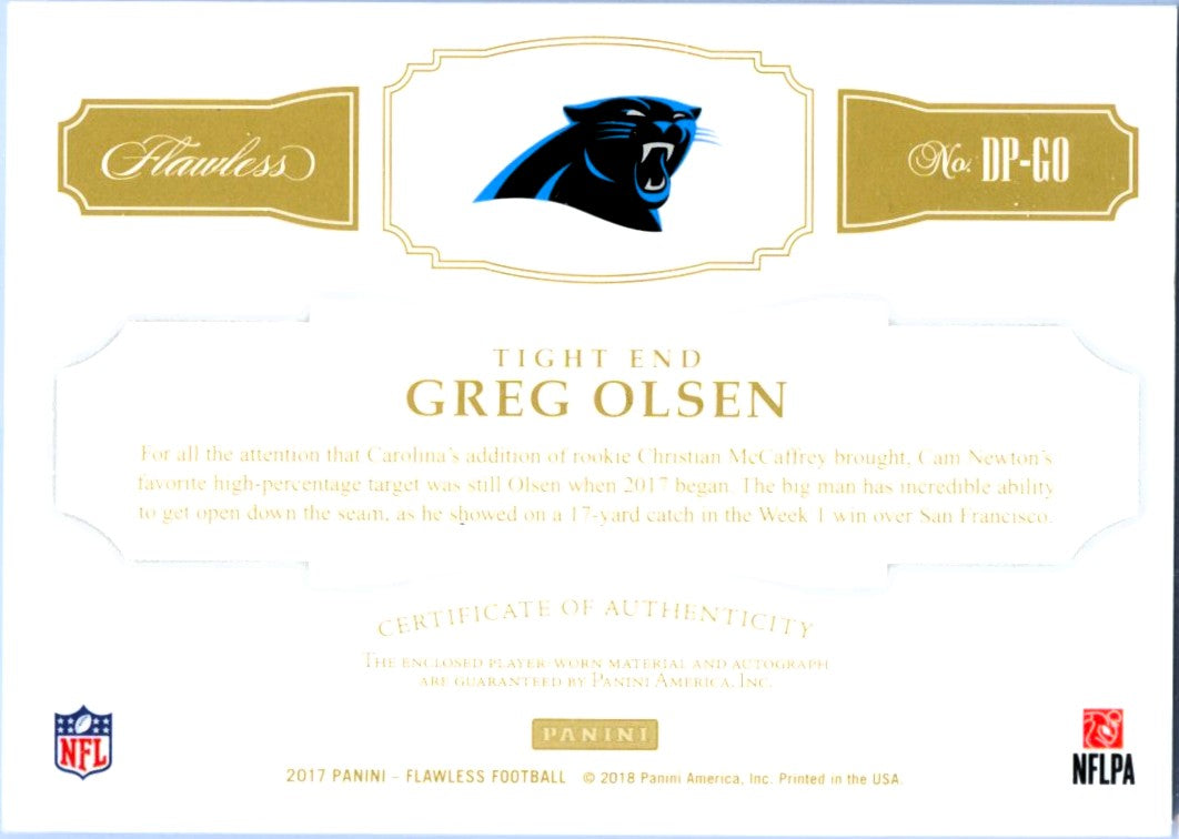 Greg Olsen 2017 Flawless Dual Jersey Patch Auto SP 10/10-2