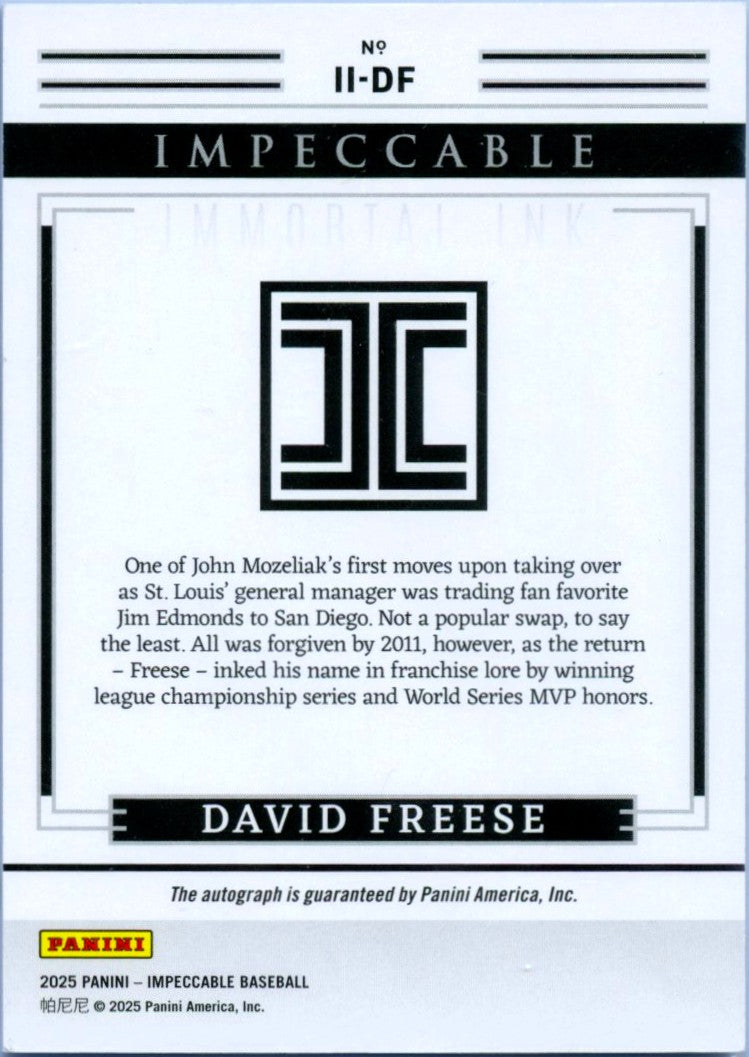 David Freese 2025 Impeccable Silver Immortal Ink Auto SP 23/25