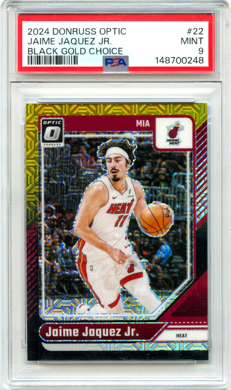 Jaime Jaquez Jr RC 2024-25 Donruss Optic Black Gold Choice SP 2/8 PSA 9