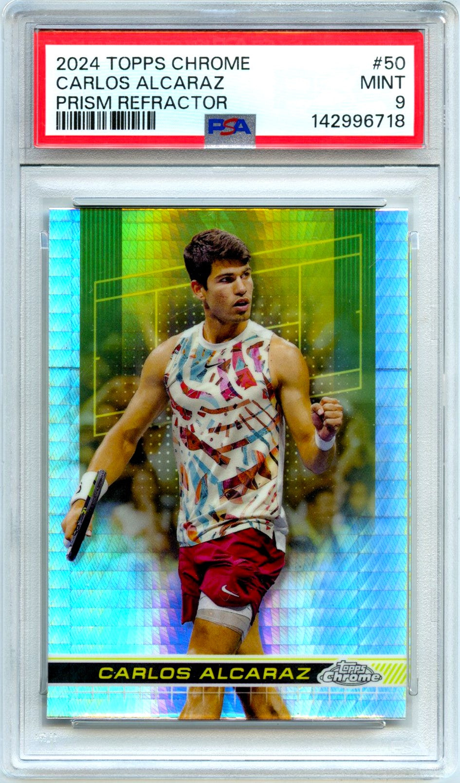 Carlos Alcaraz 2024 Topps Chrome Tennis Prism Refractor #50 PSA 9
