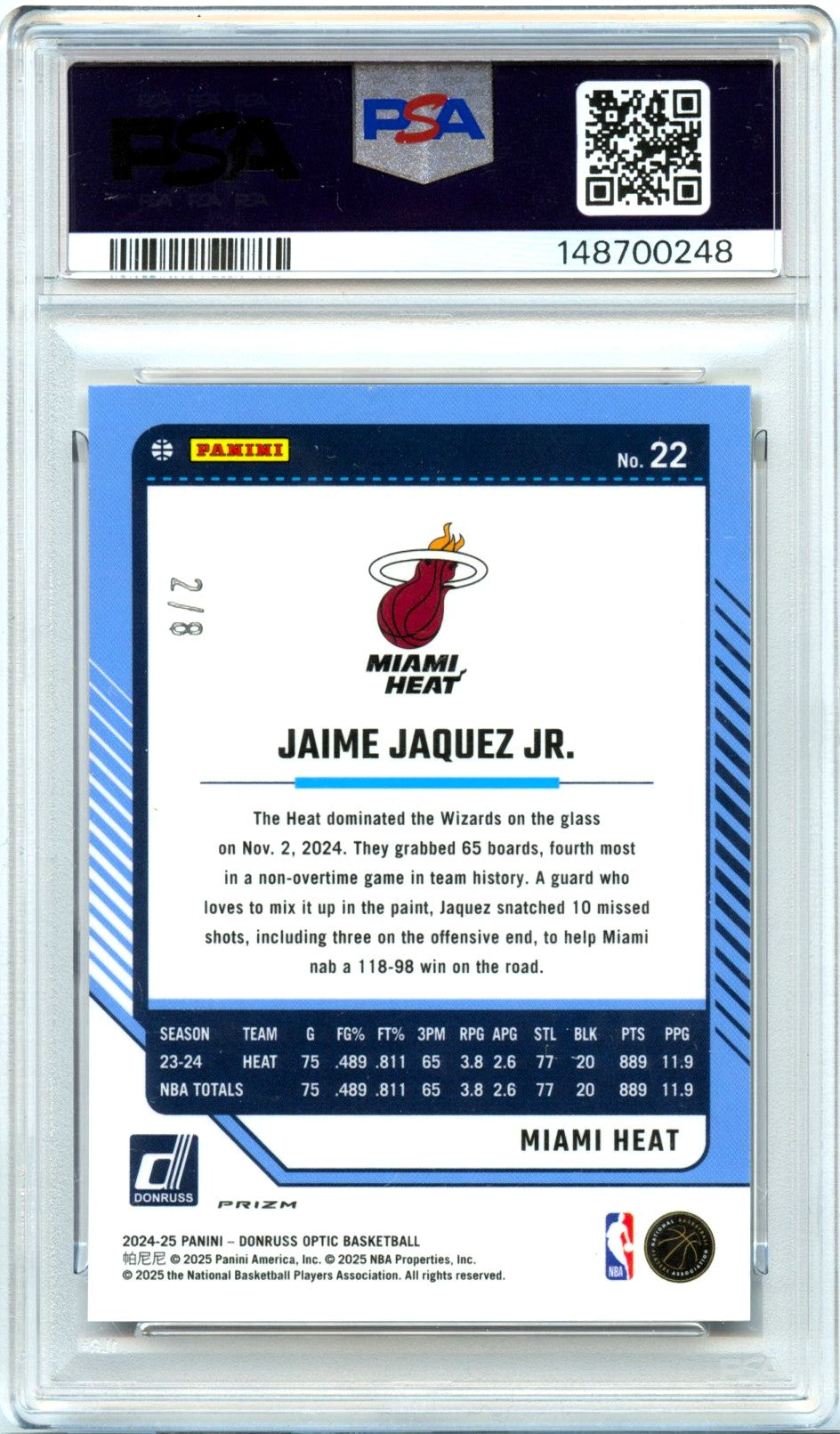 Jaime Jaquez Jr RC 2024-25 Donruss Optic Black Gold Choice SP 2/8 PSA 9-2