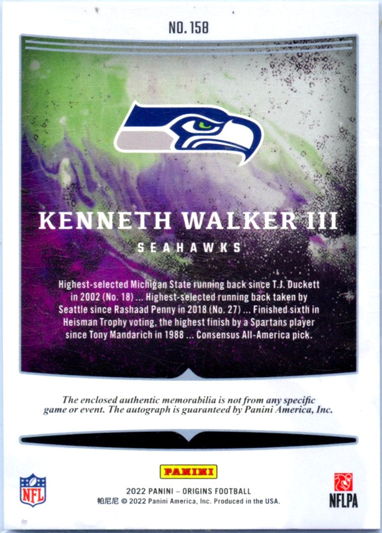 Kenneth Walker III RC 2022 Panini Origins Rookie Jersey Auto #158-2