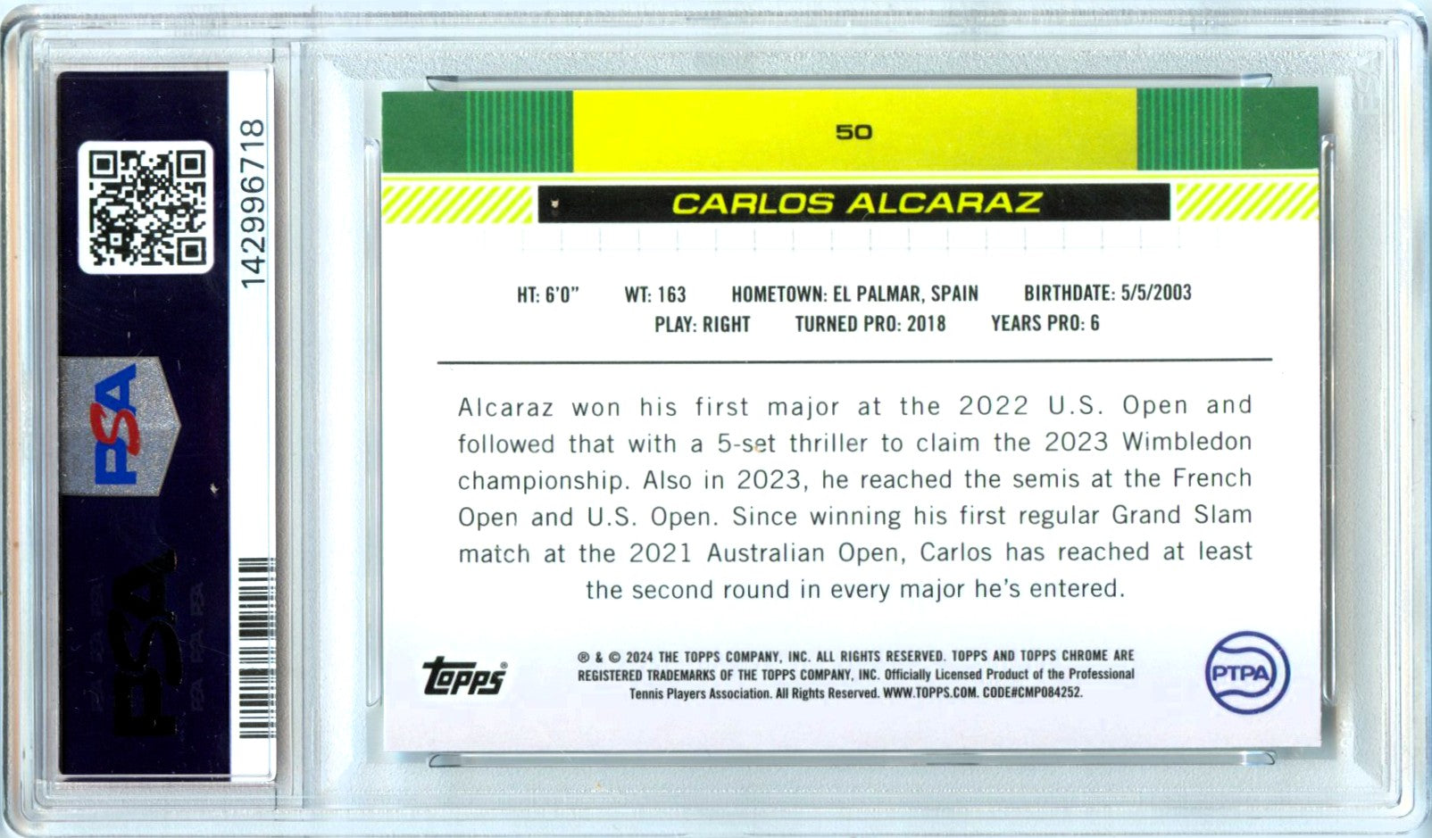 Carlos Alcaraz 2024 Topps Chrome Tennis Prism Refractor #50 PSA 9-2