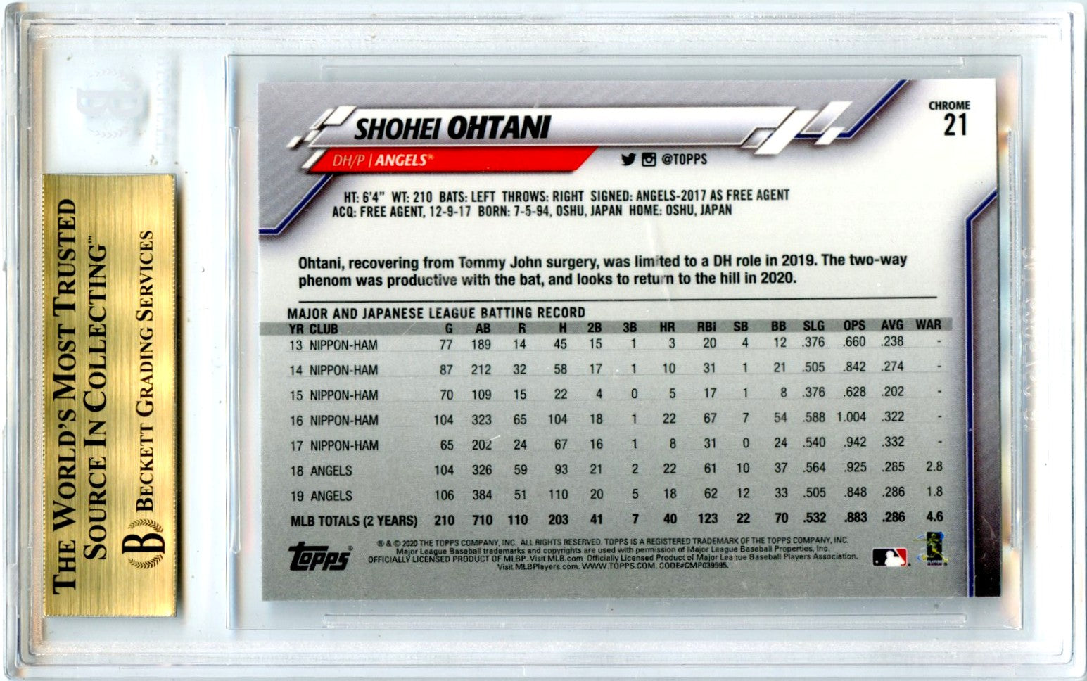 Shohei Ohtani 2020 Topps Chrome Baseball #21 BGS 9.5