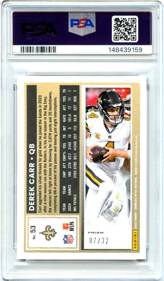 Derek Carr 2025 Donruss Optic Team Logo Prizm SP 7/32 PSA 10-2