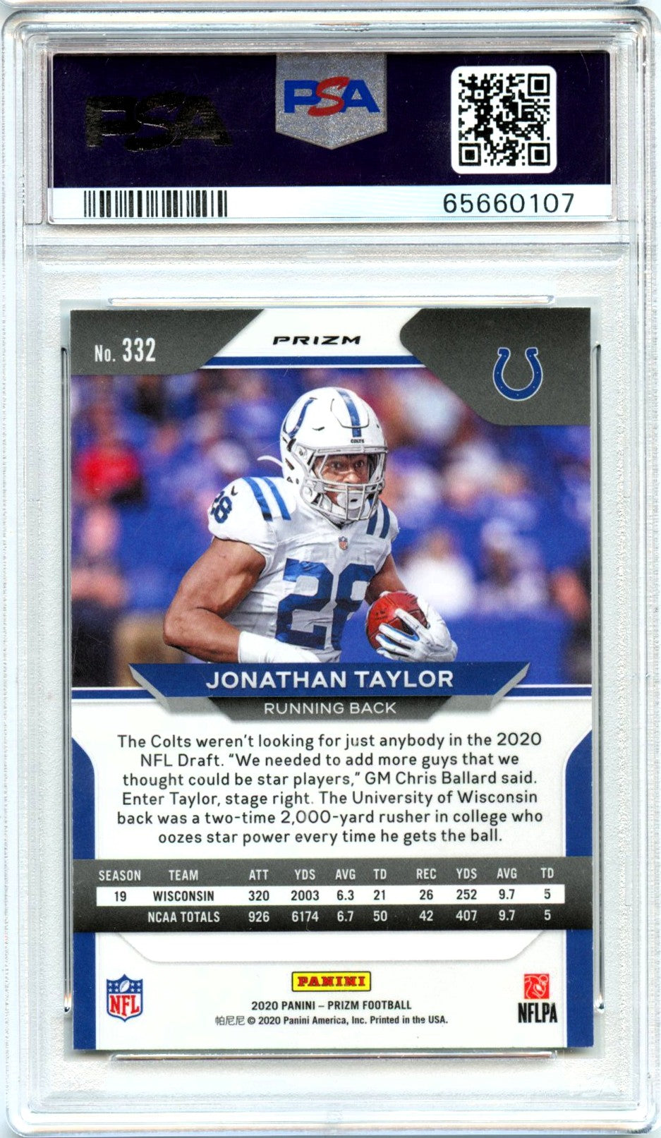 Jonathan Taylor RC 2020 Panini Prizm Black White Checker Rookie #332 PSA 9-2